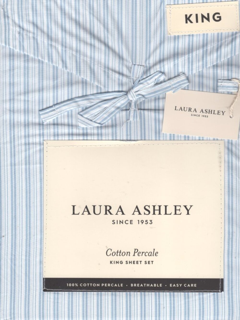 NEW Laura Ashley King Size Bedford Skinny Stripe Blue Cotton Percale Sheet Set